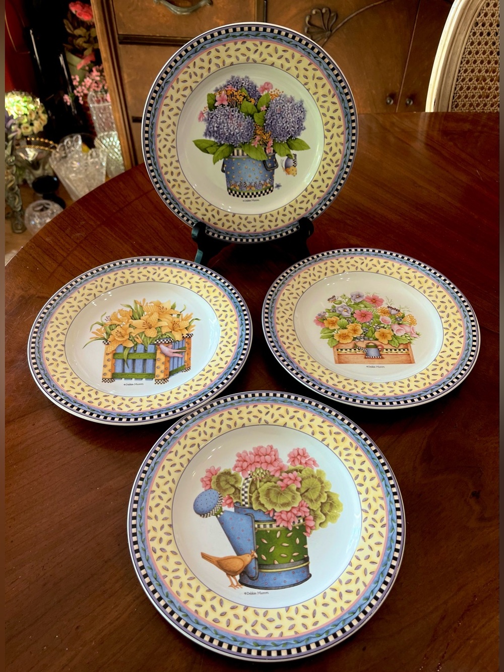 VTG 1999 Sakura Debbie Mumm Spring Bouquet Salad Plates Set 4 Varied Florals